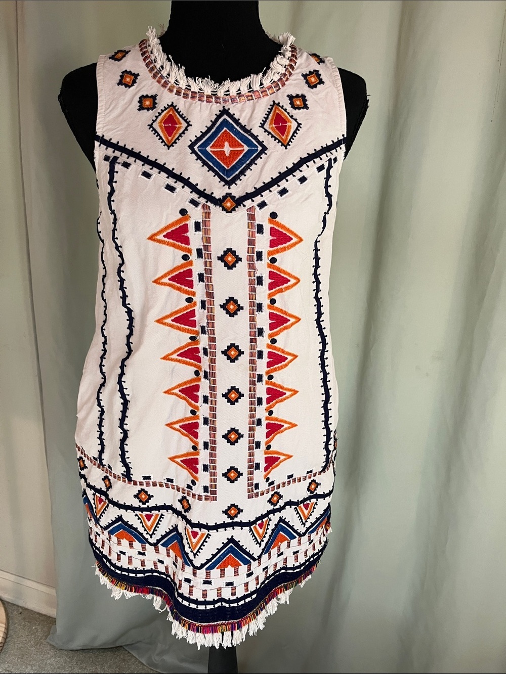 Akemi + Kin White Shift Dress Mini Dress with Orange & Navy Embroidery 2 Petite